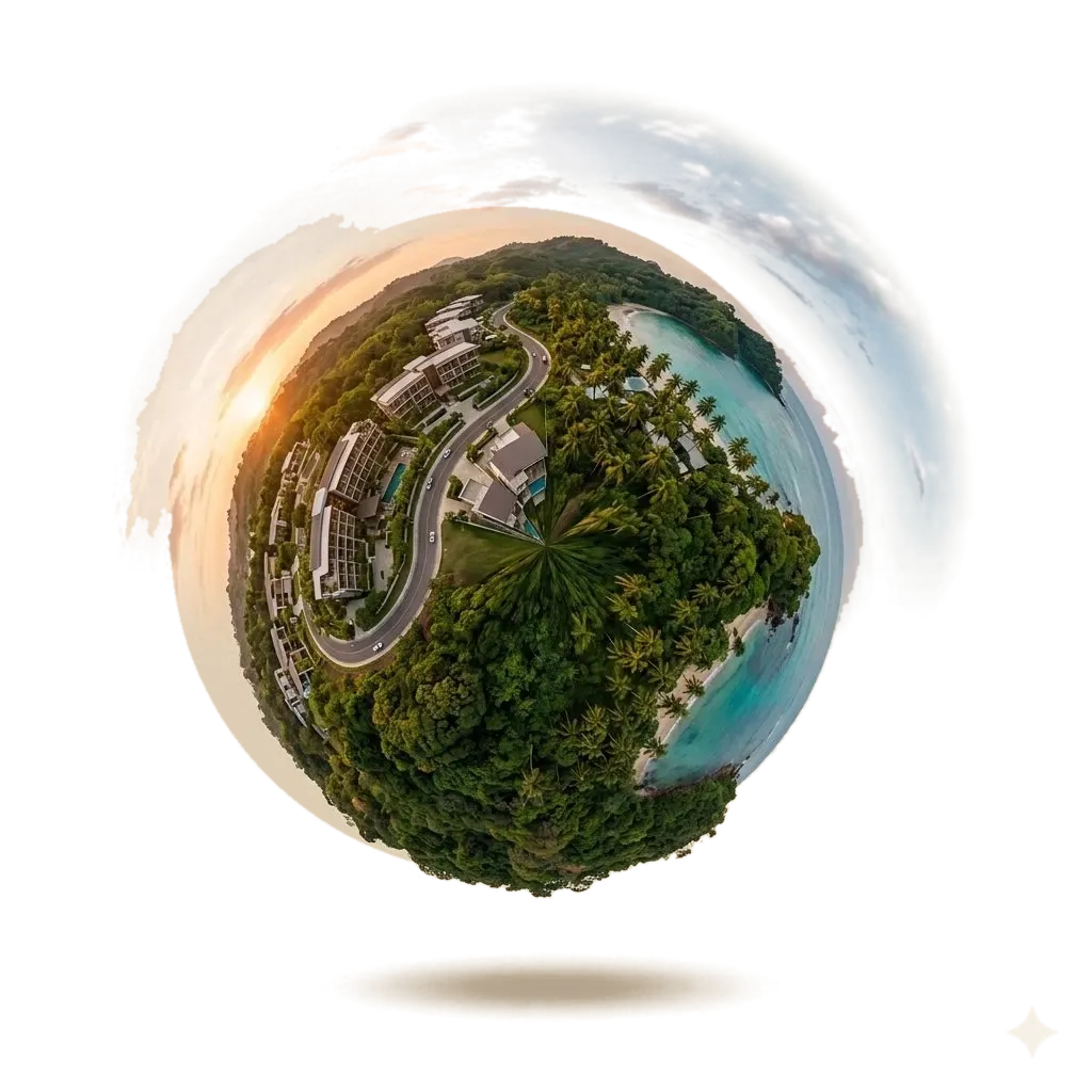 Vista 360° en proyección planeta de un desarrollo residencial en la costa de Panamá al atardecer: villas, carretera sinuosa, selva y playa de mar turquesa.