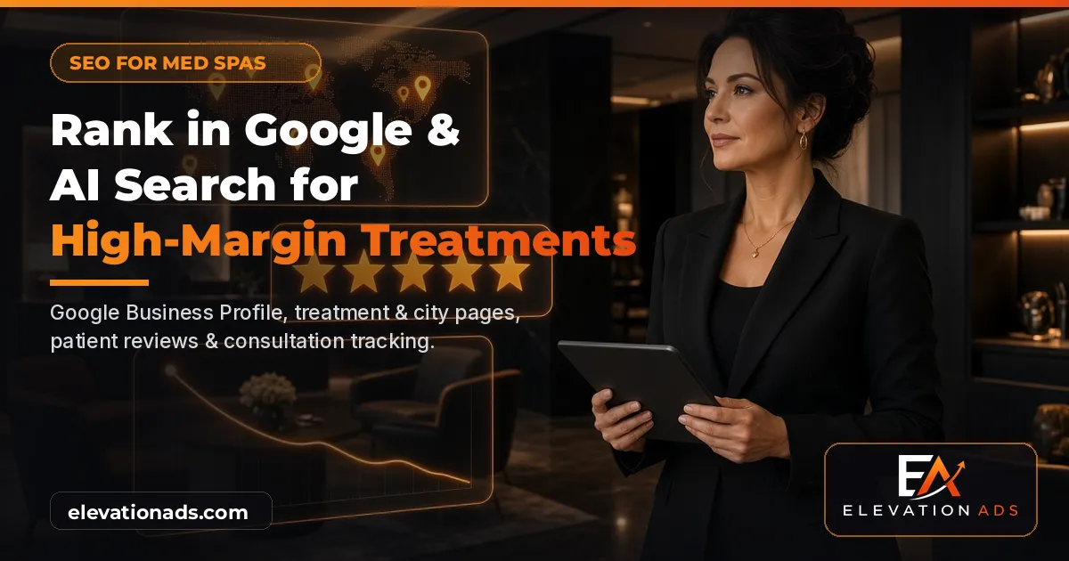 AI-generated dark and orange graphic of a medical spa director and digital marketing dashboard with the headline Rank in Google & AI Search for High-Margin Treatments and the Elevation Ads logo watermark.