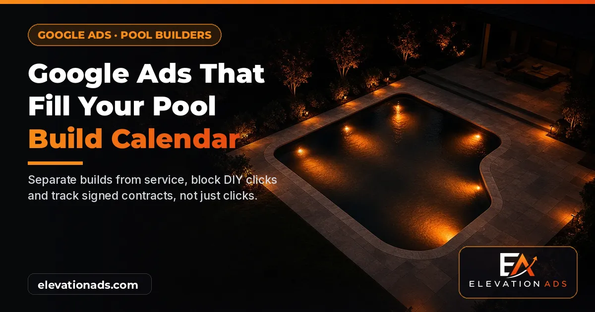 Black and orange graphic of a glowing backyard pool outline and a search ad card, headline "Google Ads That Fill Your Pool Build Calendar" and the Elevation Ads logo.