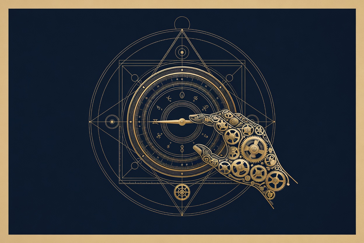 Brand line-engraving illustration, gold on navy