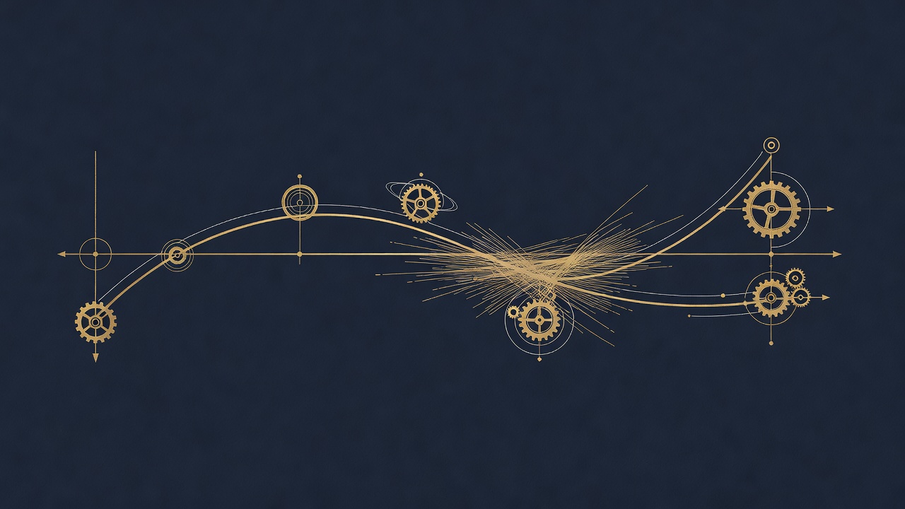 AI sales forecasting: real signal versus expensive guesswork, antique-gold line engraving of a pipeline forecast curve on navy