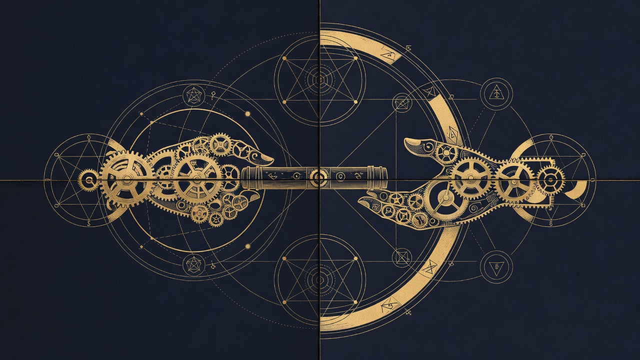 Brand line-engraving illustration, gold on navy