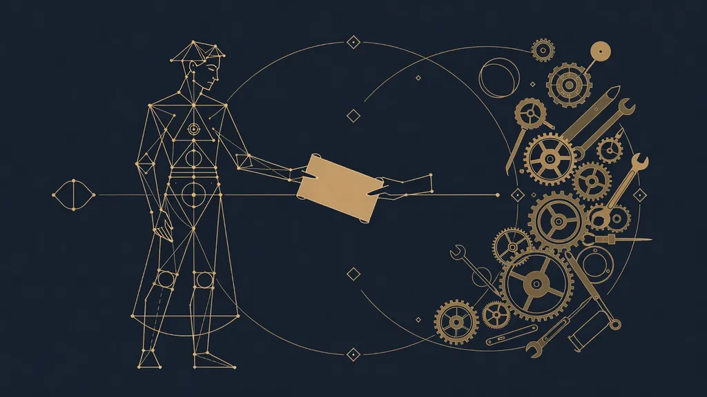 An engraved scene of one clearly defined job card handed to a geometric agent while a tangle of unused tools fades away, showing custom AI agents for teams begin with the job not the model