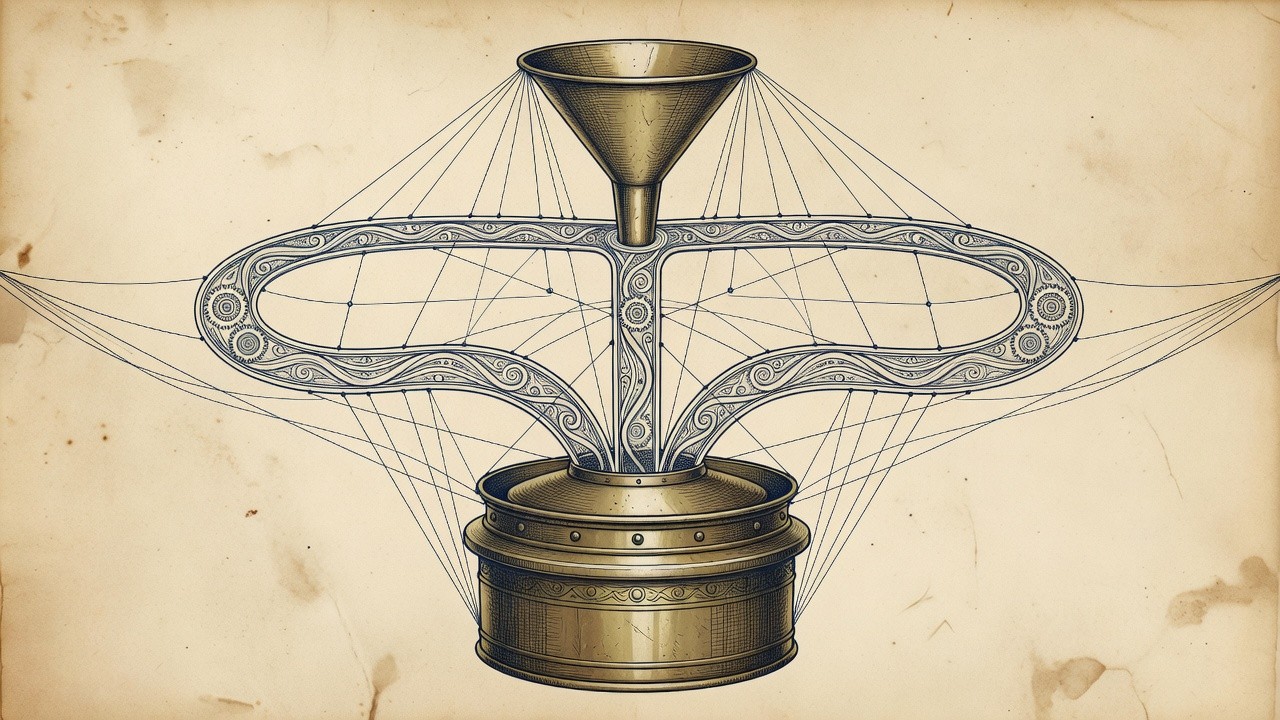 hero: a single brass alchemical funnel feeding three engraved channels