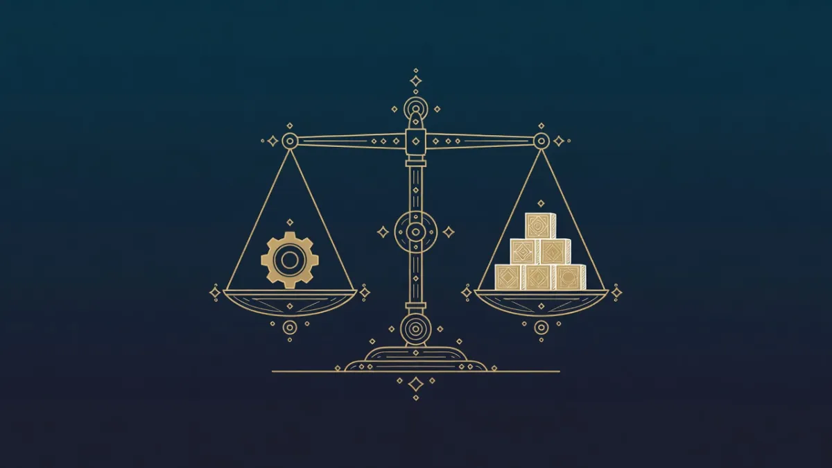 Fine-line antique-gold engraving of a balance scale weighing a single gear against a stack of carved building blocks on a deep navy field
