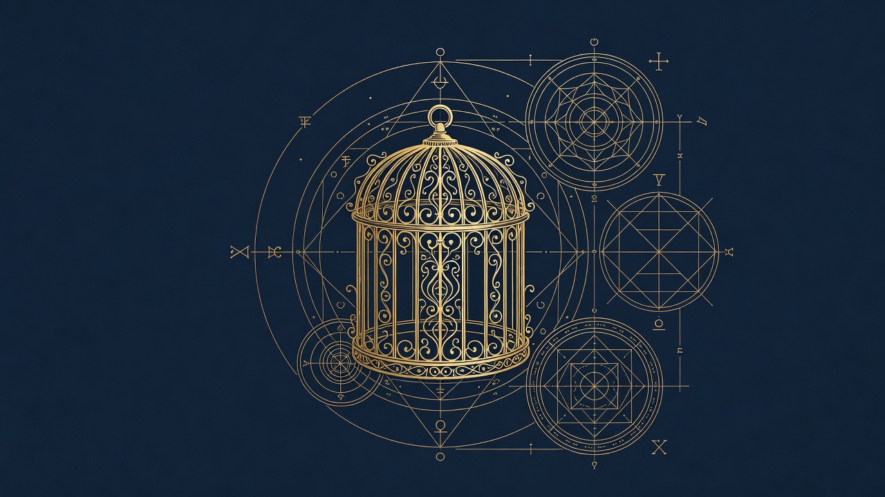 Brand line-engraving illustration, gold on navy