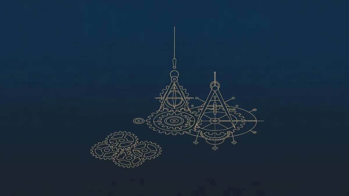 Engraved compass-and-balance mechanism being assembled beside discarded unfinished gears, illustrating one shipped AI system versus a pile of abandoned pilots