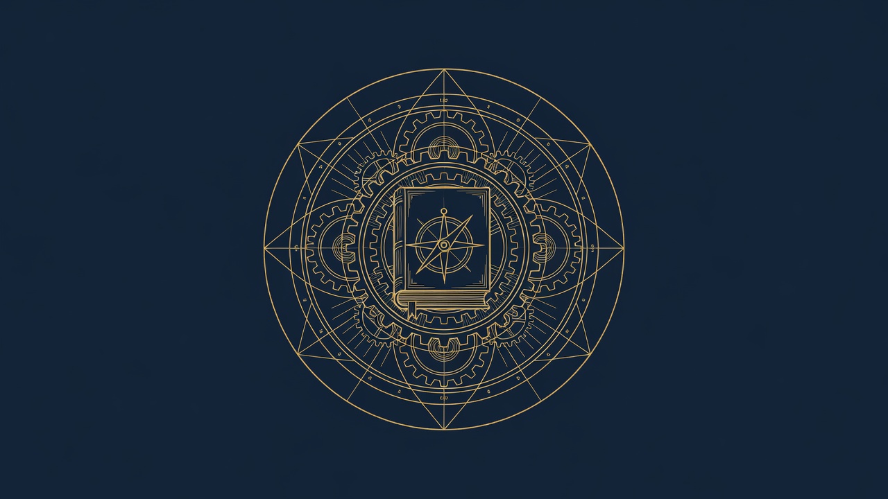 Alchemical schematic of an AI governance policy as a connected gear-and-compass mechanism