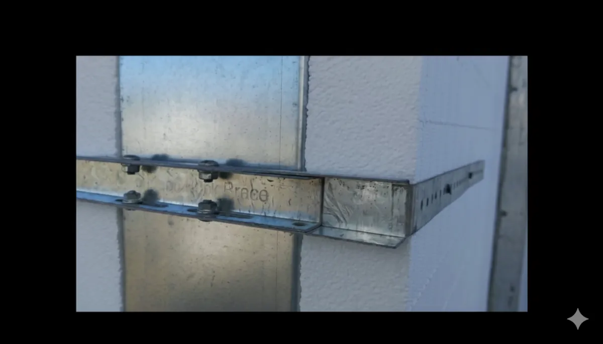 Burmon Building Products ICF buck brace stabilizing door opening during concrete pour on job site in Plano, TX