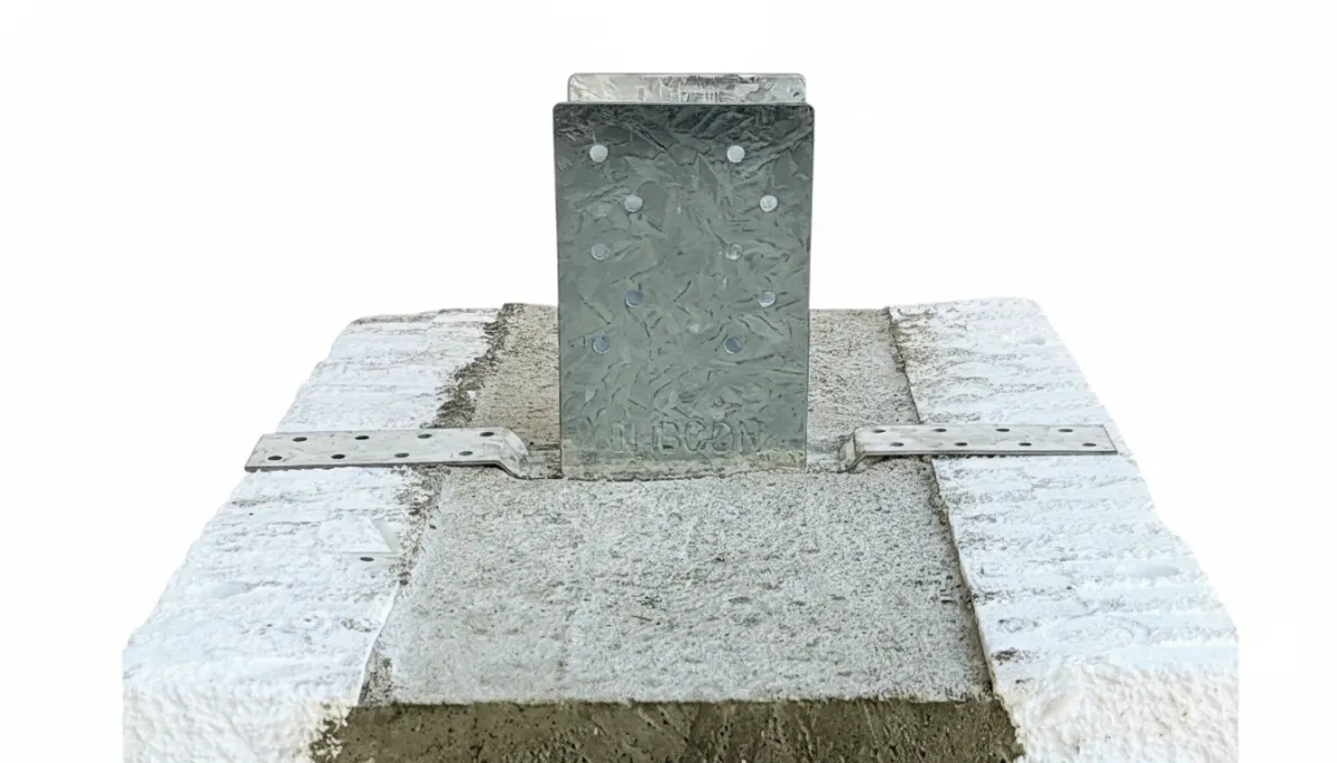 Burmon BHBCON Hurricane Anchor metallic 3D render of the anchor bracket and bolt system, gleaming with galvanized steel textures and dramatic rim lighting to highlight its durability