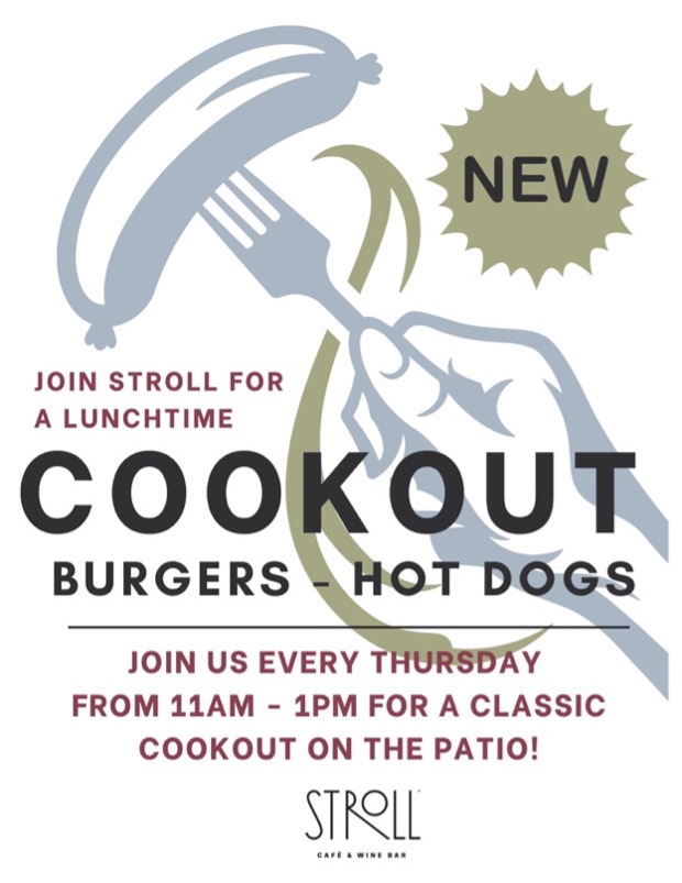 Afternoon Bar B Que promotional banner for Stroll Cafe featuring a sunny outdoor patio lunch scene with grilled hamburgers and hot dogs, homemade sides, and guests enjoying a casual weekday cookout. Text highlights every Thursday from 11:00 AM to 1:00 PM starting May 7, with menu items including hamburgers, hot dogs, Impossible Burgers, homemade potato salad, and baked beans.