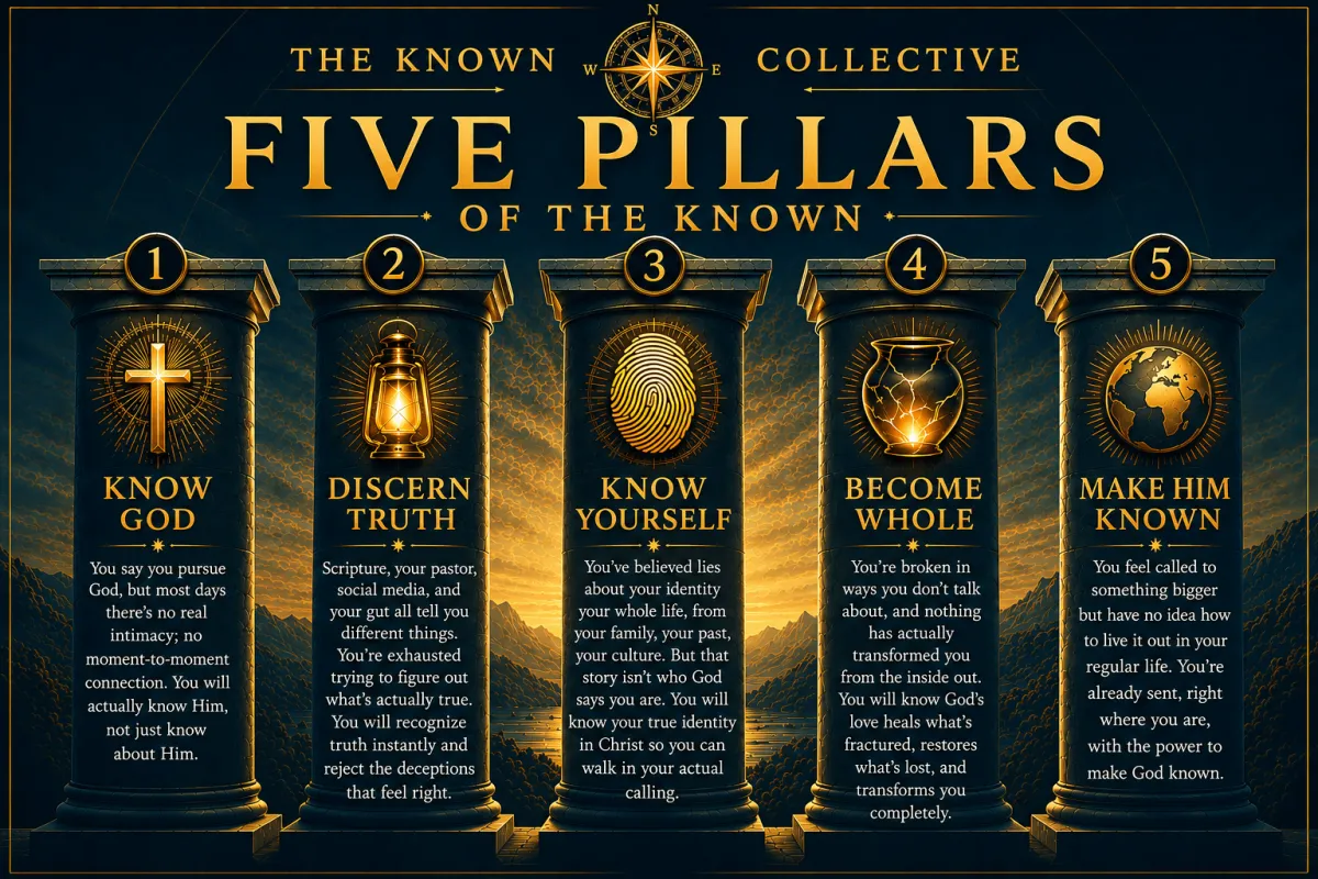 The Known Collective infographic illustrating five pillars of Christian discipleship: knowing God personally, discerning biblical truth, discovering your identity in Christ, becoming whole, and making Him known.