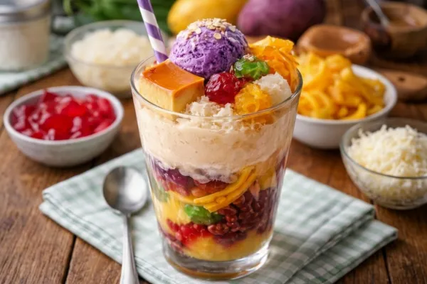 Traditional Filipino halo-halo dessert layered with shaved ice, ube, leche flan, and colorful ingredients in a tall glass