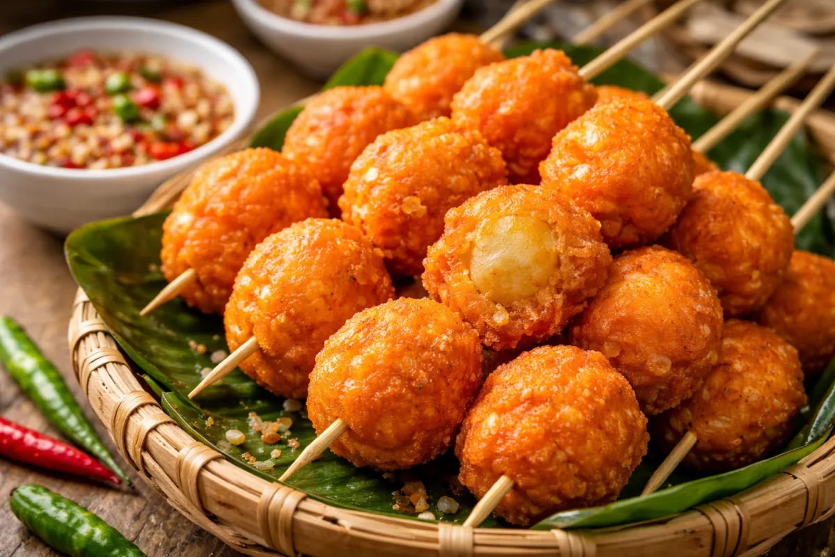 Crispy Filipino kwek-kwek skewers with bright orange batter served with vinegar dipping sauce.