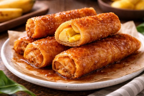 Golden crispy Filipino turon with caramelized sugar coating