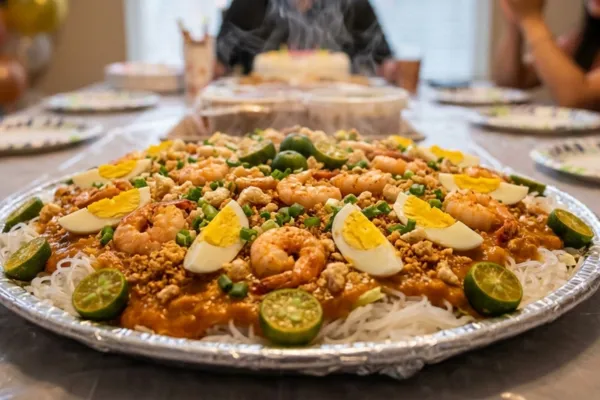 Traditional Filipino pansit palabok served at a birthday celebration in the United States with shrimp sauce, egg, and chicharron