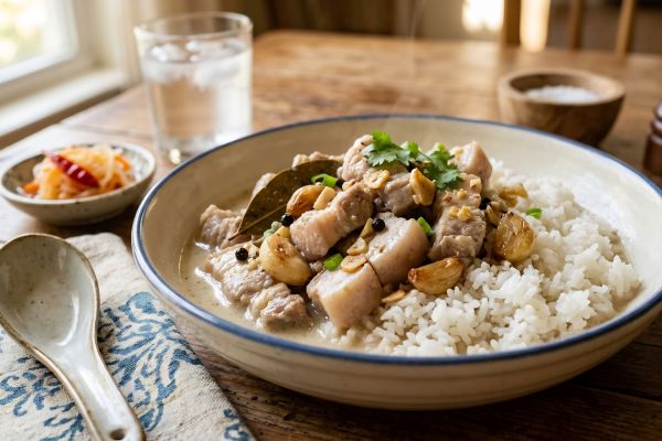 Filipino white adobo adobong puti in a clay pot with garlic vinegar and rice
