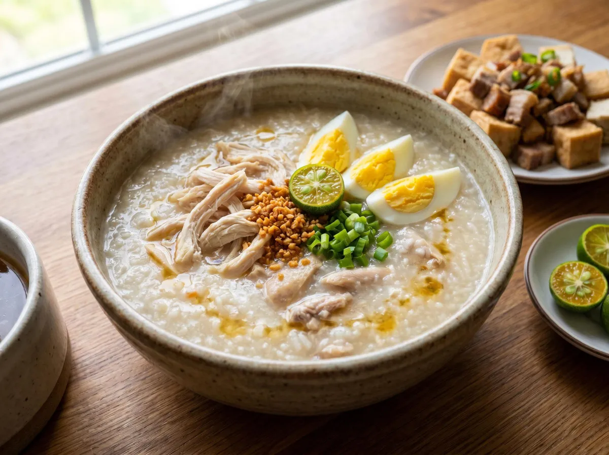 bowl of filipino lugaw or arroz caldo topped with sliced eggs, chicken, fried garlic, green onions and calamansi