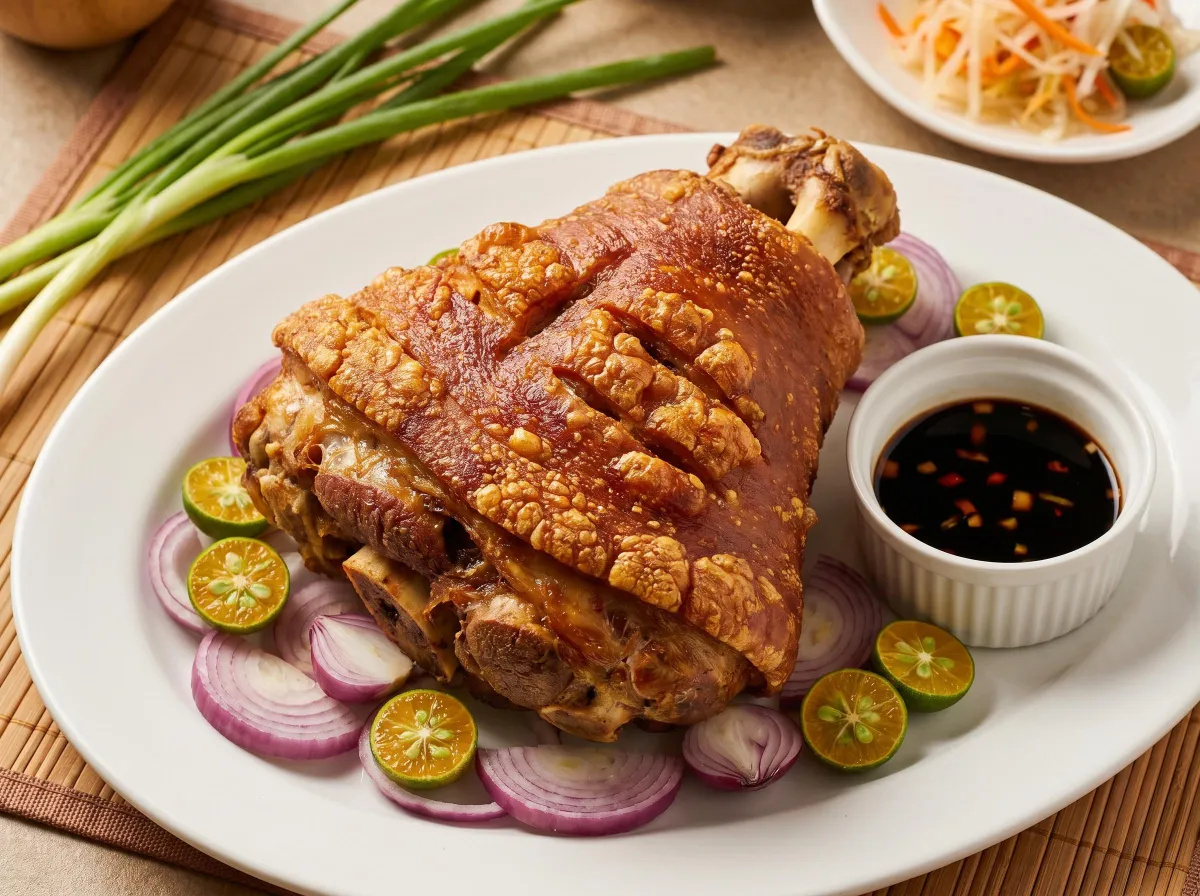 whole golden-brown crispy pata on white oval platter, 45° overhead angle