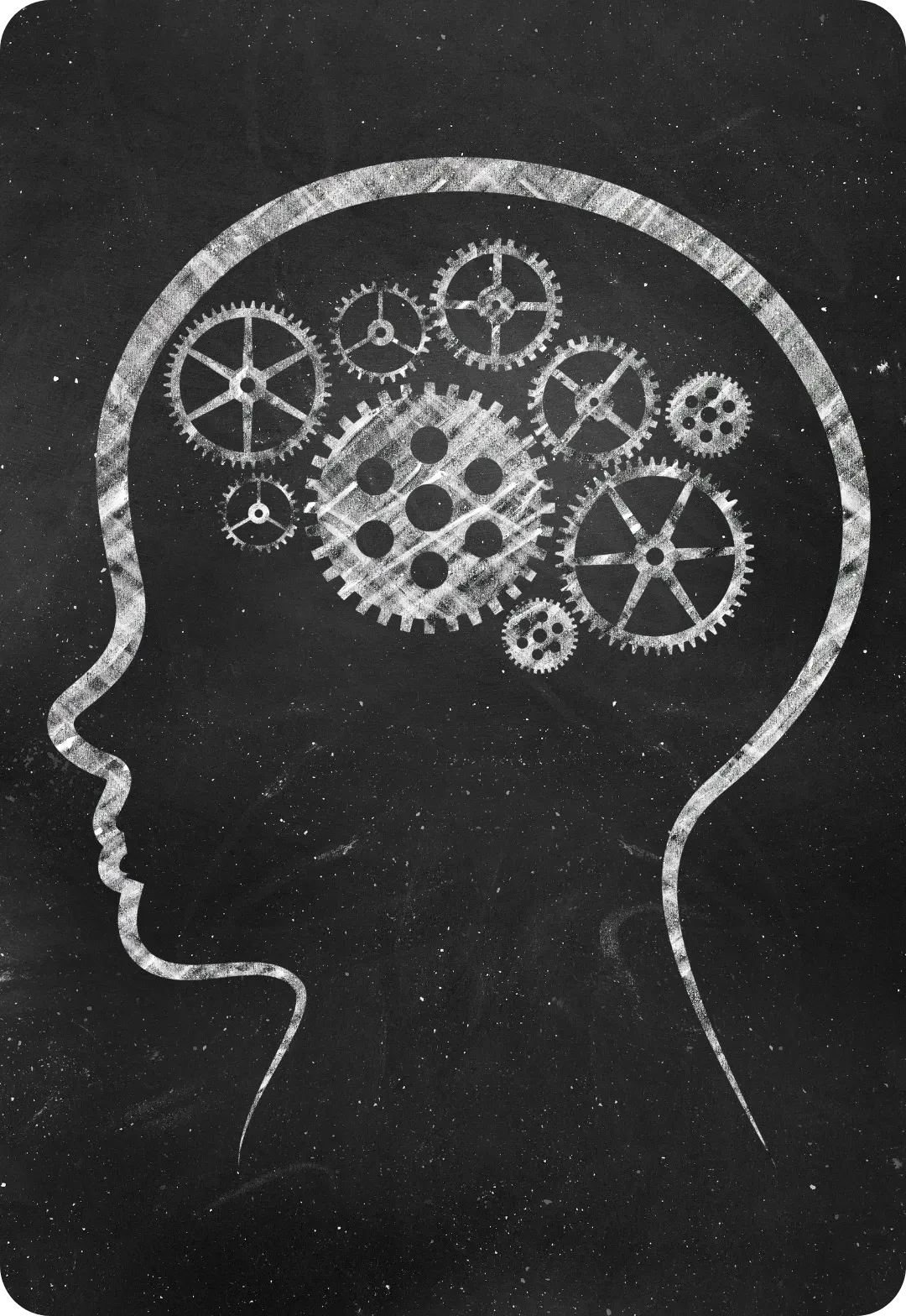 Ilustración de silueta de cabeza con engranajes representando el mecanismo del Guion Mental Personal y la reprogramación consciente en Bioreprogramación®