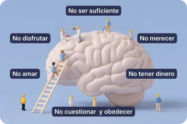 Ilustración de un cerebro con figuras pequeñas escalándolo y etiquetas de mandatos frenadores como no merecer, no amar y no tener dinero
