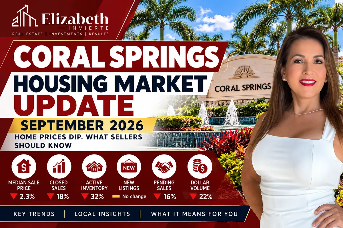 Coral Springs housing market update for September 2026 featuring Elizabeth Piscocama, REALTOR®, with home prices down 2.3%, closed sales down 18%, and active inventory down 32%.