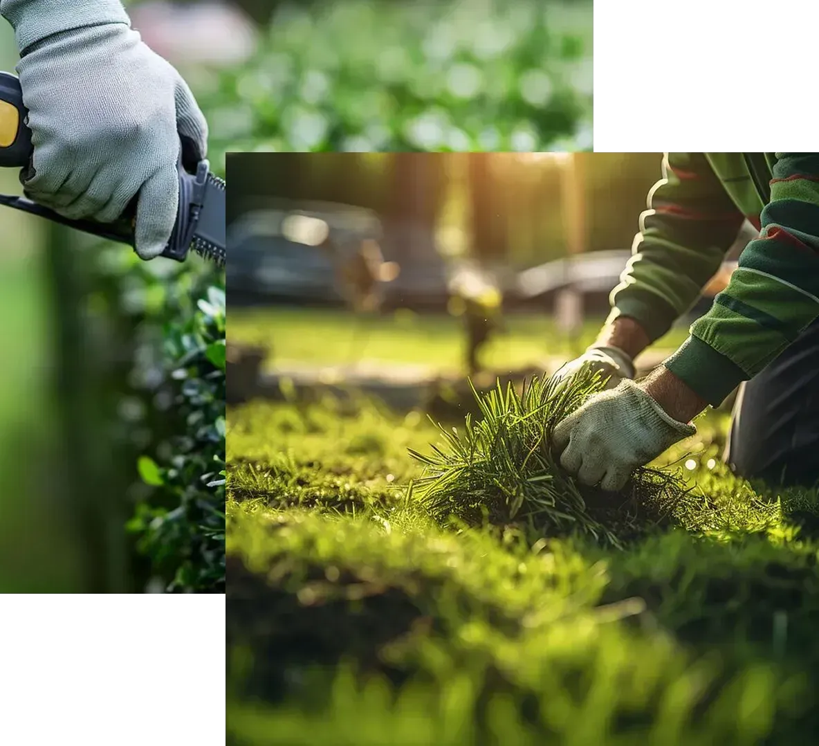 A composite image showing gardening activities. On the left, a person wearing gray gloves is using electric shears to trim a green hedge. On the right, a person also wearing gray gloves is kneeling down in a sunny, grassy area, tending to a clump of grass or small plants.