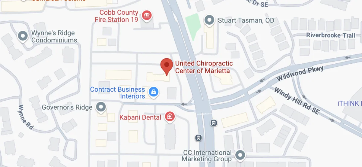 Map showing the location of United Chiropractic Center at 1640 Powers Ferry Rd Building 2, Suite 175, Marietta, GA 30067. Conveniently located for family chiropractic care, pain relief, and wellness services in Marietta, GA.