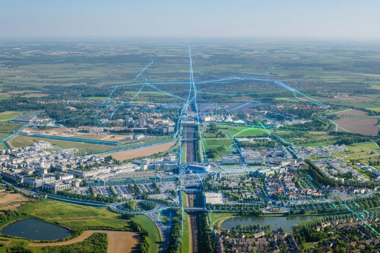 Vue aérienne du Val d'Europe — réseau de liaisons douces et pistes cyclables en développement