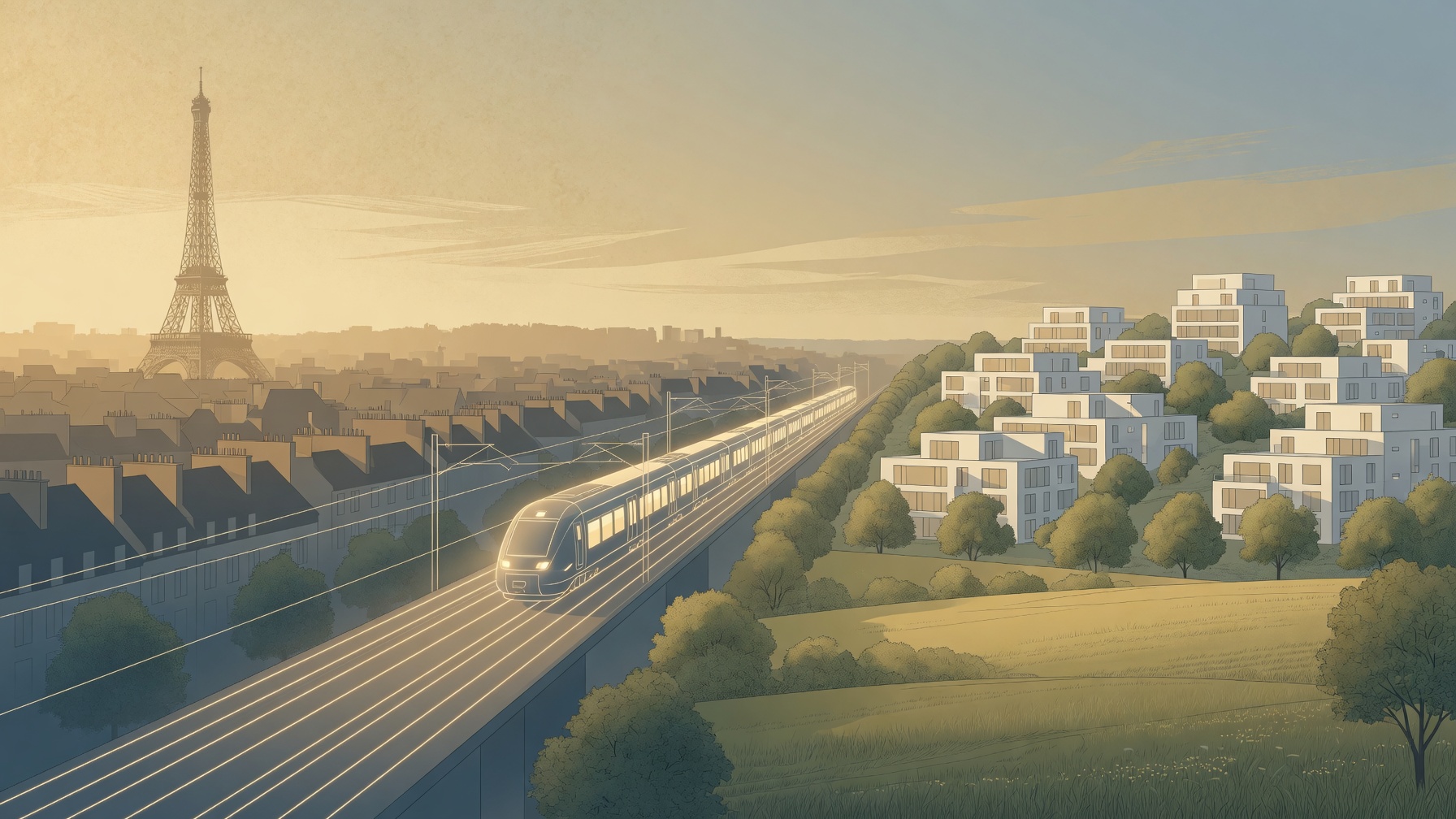 Illustration du Val d'Europe connecté à Paris par le RER A — quartiers résidentiels modernes et espaces verts
