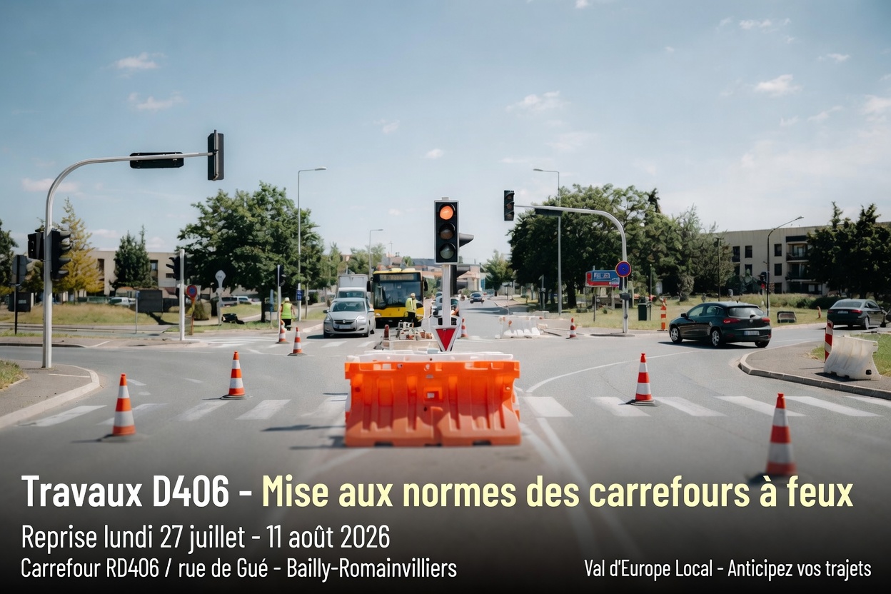 Travaux D406 à Bailly-Romainvilliers : reprise le 27 juillet