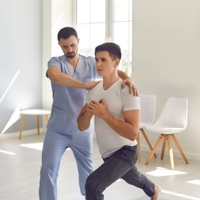 Patient performing rehabilitation exercise indicating accelerated tissue repair after MLS® laser treatment