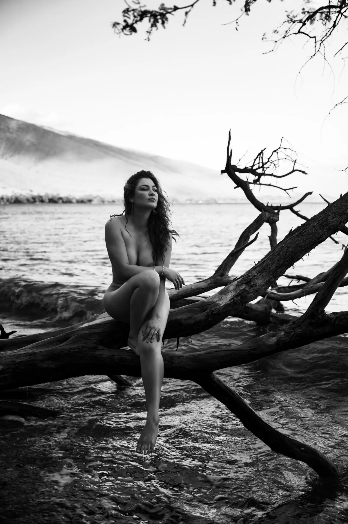 fine art nude black and white photo of a women on the beach, Release Your Siren Retreat, Destination Boudoir
