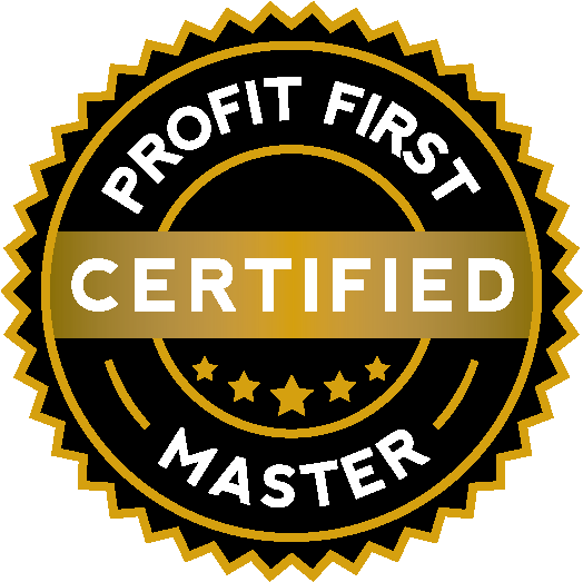 Black Stamp with the words CERTIFIED PROFIT FIRST MASTER