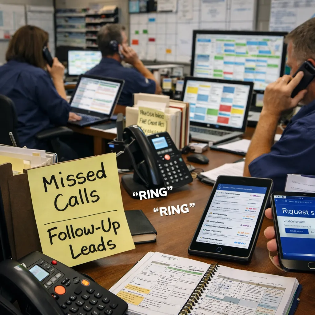 Overloaded HVAC office managing calls, dispatch, and scheduling under pressure