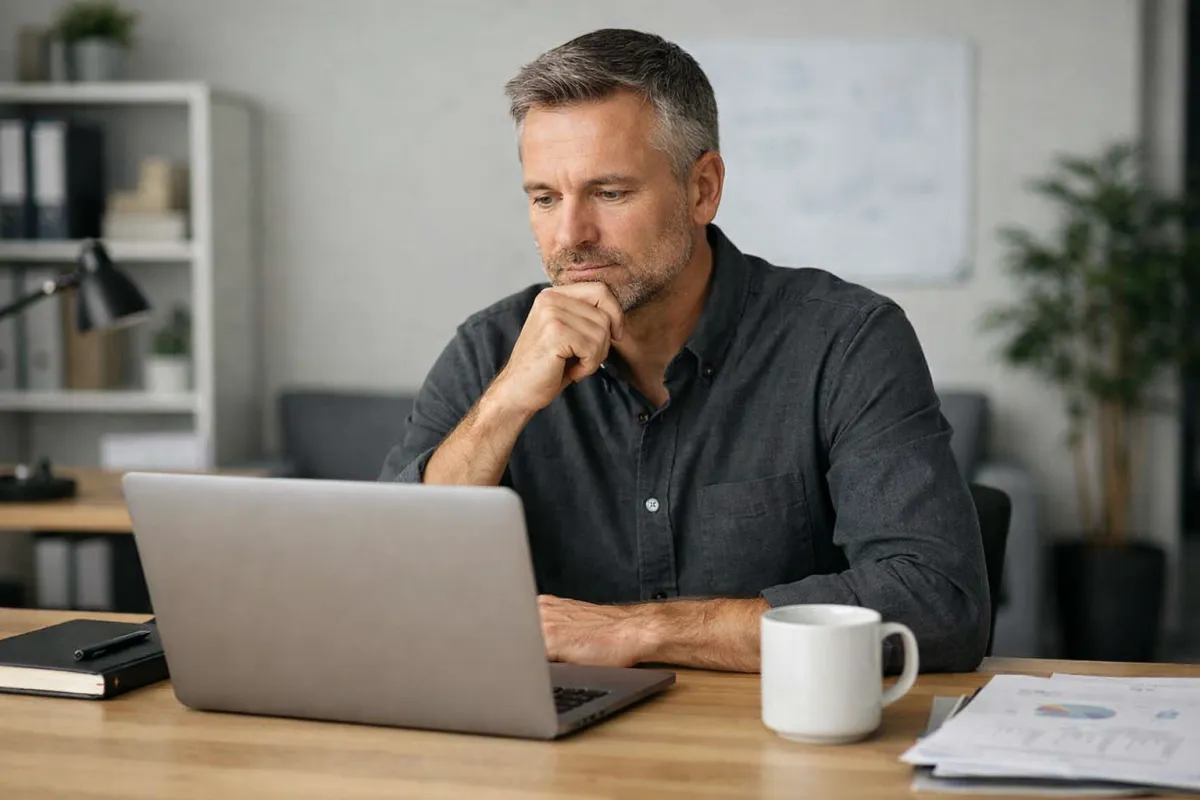 A business owner reviewing tools, representing solutions that feel right but lack structure.