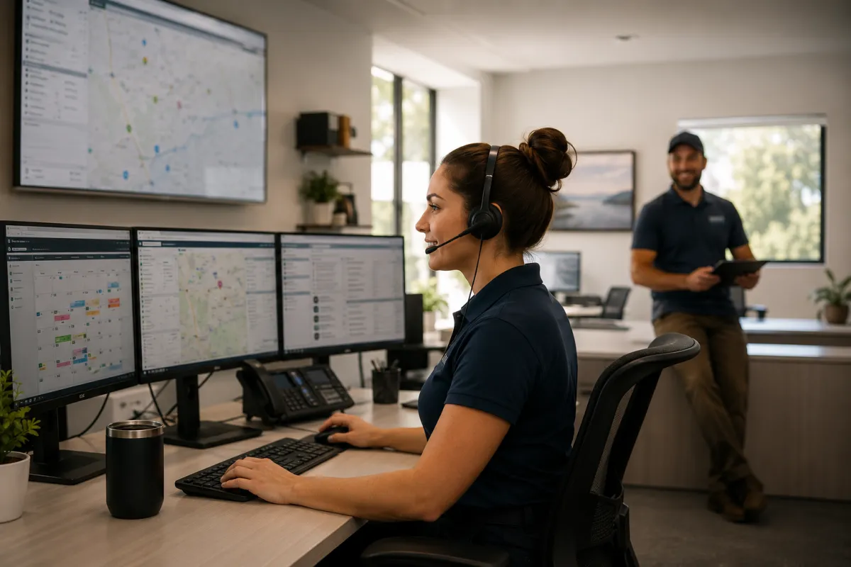 Organized HVAC office with clean dispatch screens and calm, professional environment.