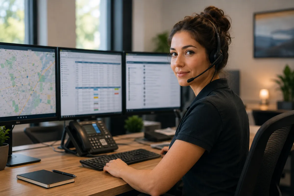 HVAC dispatcher managing multiple screens and incoming calls in a calm, smiling at the camera.