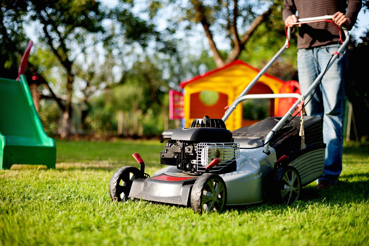 grey blue lawn mower