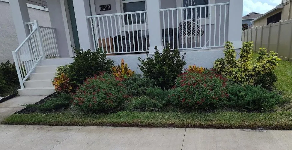 Colorful flower bed with mulch and neat edges in front of a Kissimmee home