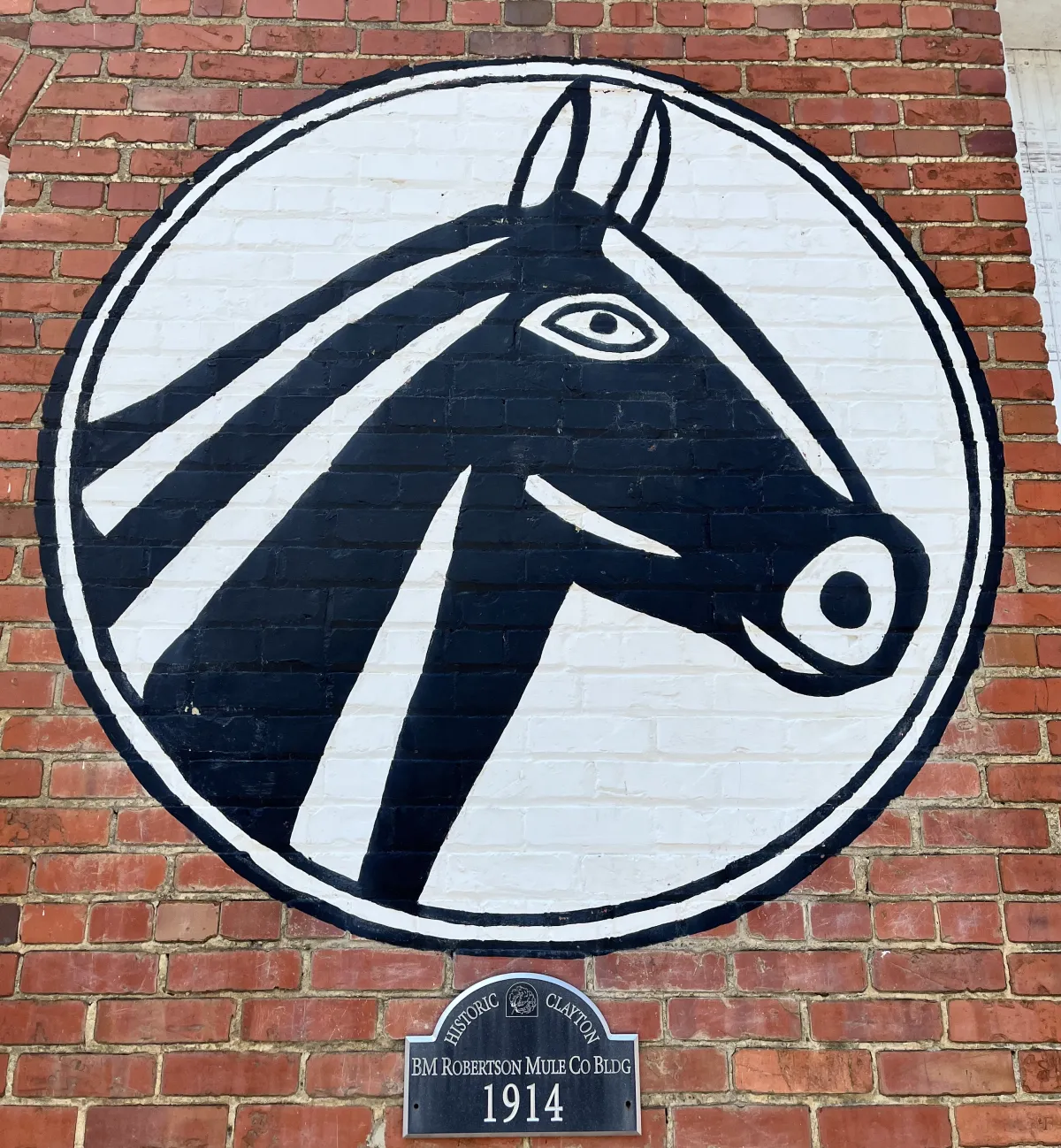 Mule mural on the 1914 B.M. Robertson Mule Company building in downtown Clayton