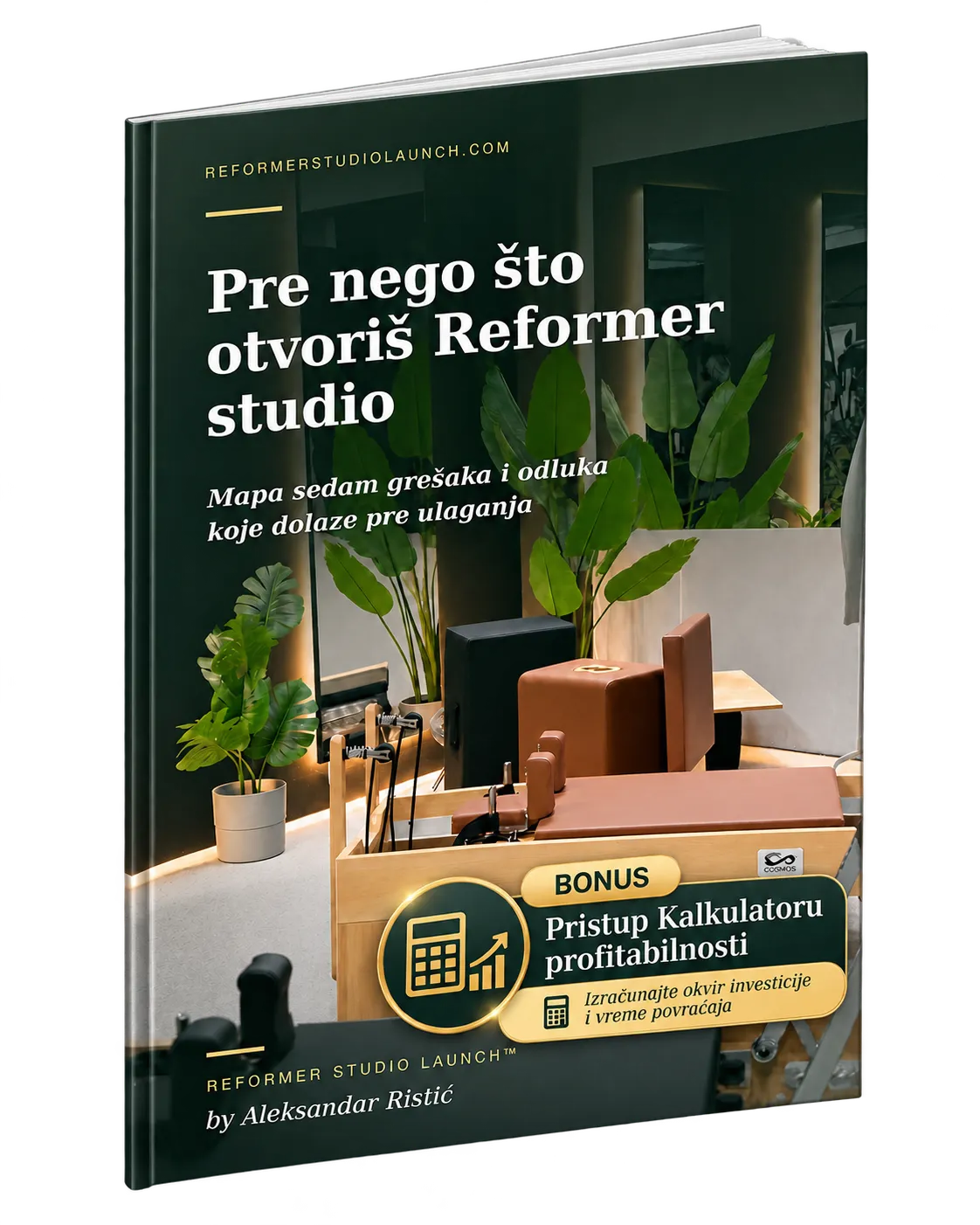3D render of a book titled 'Pre nego sto otvoris Reformer studio' with a dark green cover and reformer equipment on the cover art