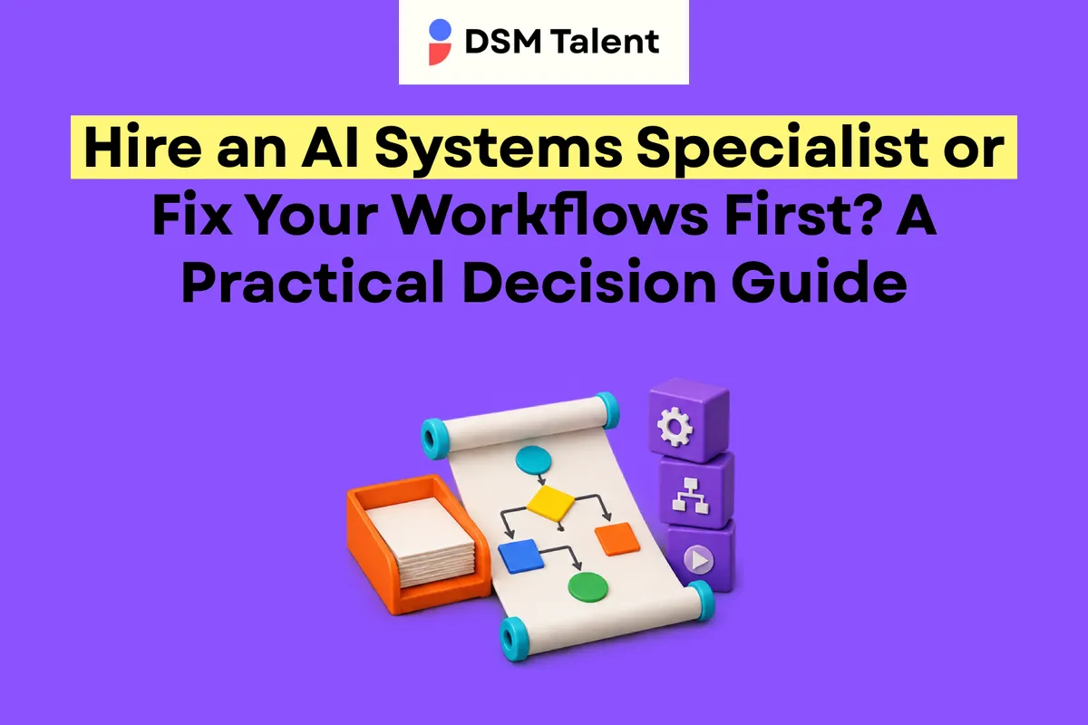 Hire an AI Systems Specialist or Fix Your Workflows First? A Practical Decision Guide — DSM Talent editorial cover.