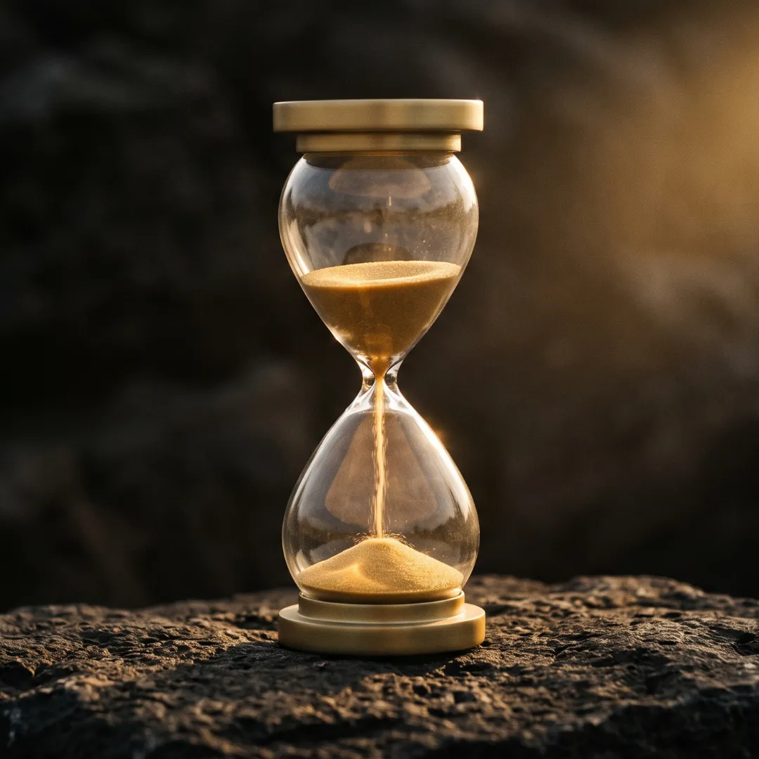 Goldene Sanduhr auf Fels im Gegenlicht – Geldblockaden überwinden jetzt statt weiter warten