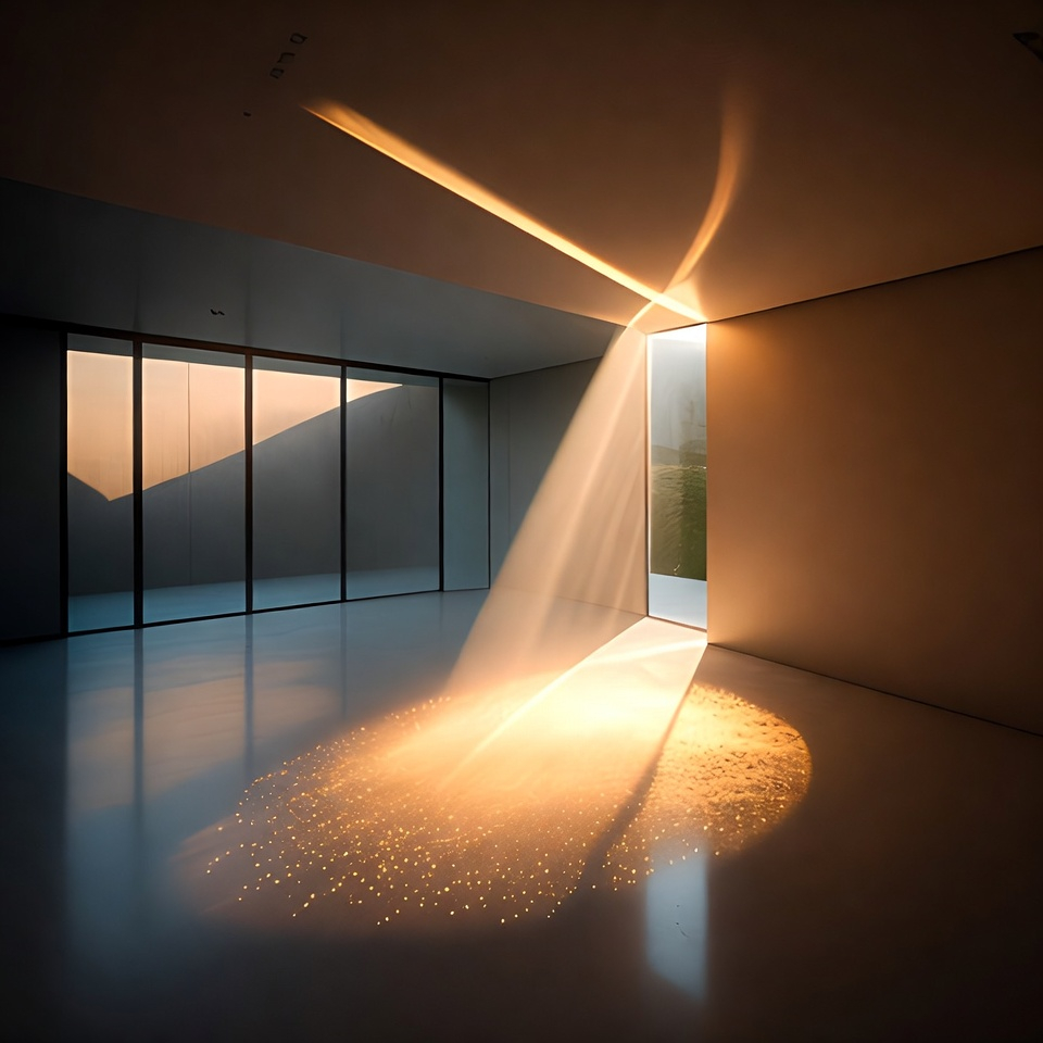 Lichtstrahl durch offene Tür in leeren Raum mit goldenen Lichtpunkten – innere Transformation und Geld manifestieren