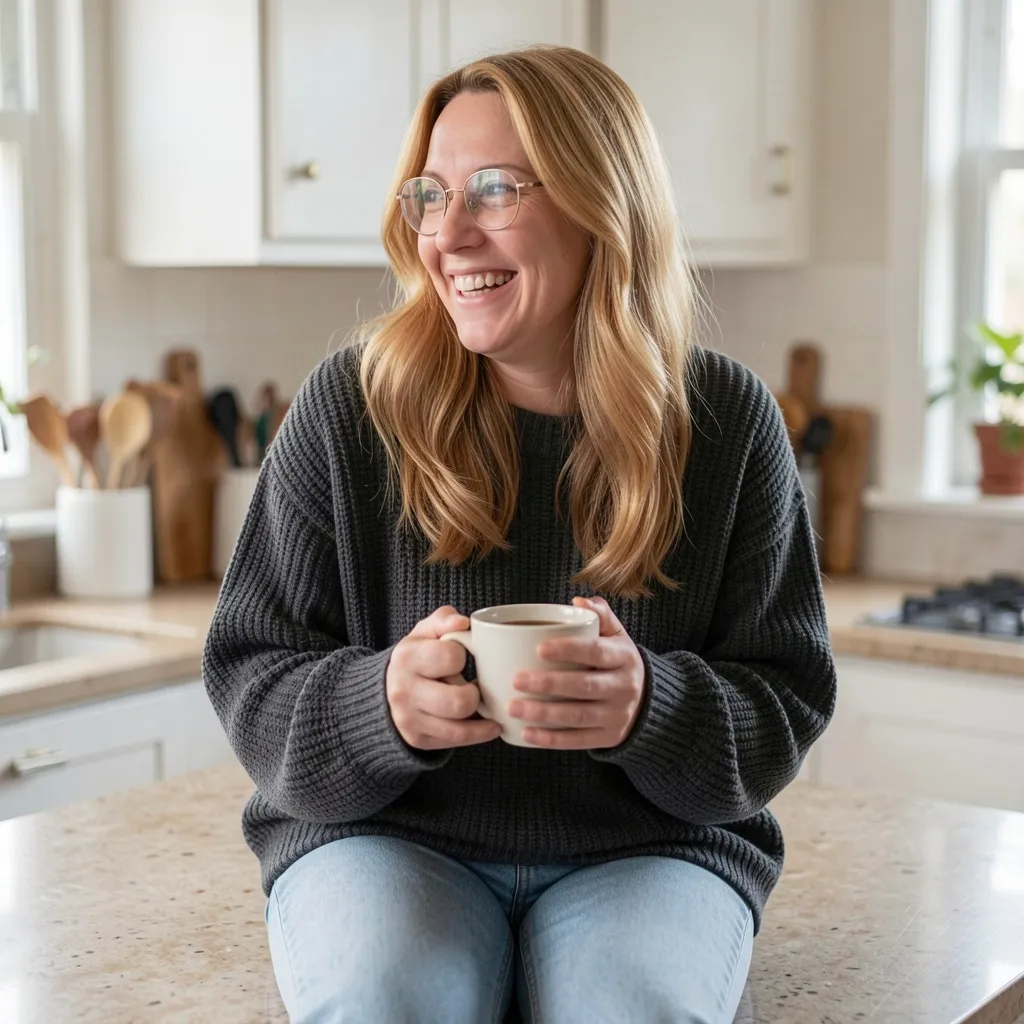 Smiling woman sitting cross-legged on a patterned rug in a bright, airy room, wearing a brown cardigan over a white top and jeans