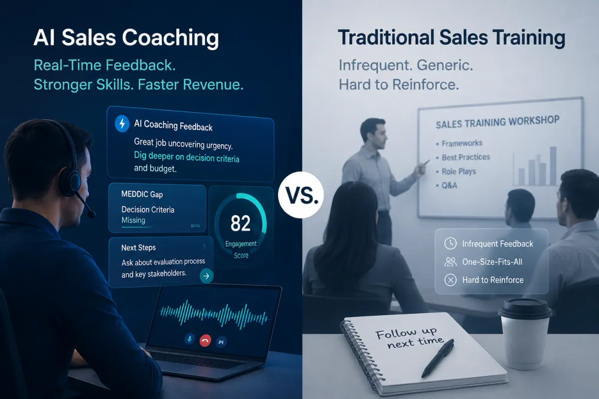 Featured image comparing AI sales coaching with traditional sales training, showing real-time AI feedback, MEDDIC gap analysis, and next-step guidance beside a classroom-style sales training session.