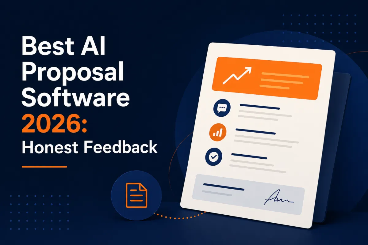 Best AI Proposal Software 2026: Honest Feedback,” featuring a stylized digital proposal document on a dark navy background.