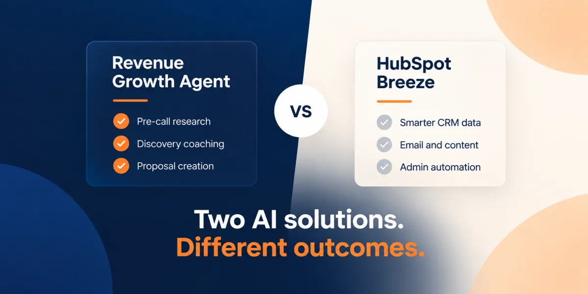 Comparison of Revenue Growth Agent and HubSpot Breeze, highlighting RGA’s sales execution capabilities and Breeze’s CRM, content, and automation capabilities.