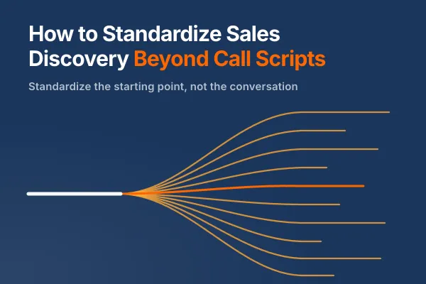 One white line fanning into ten diverging orange paths on navy — a standardized starting point leading to many different sales conversations.